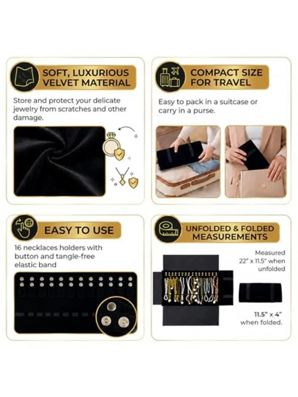 Travel Necklaces Roll Organizer Anti-Tangle, Black | Soft Velvet Jewelry Roll